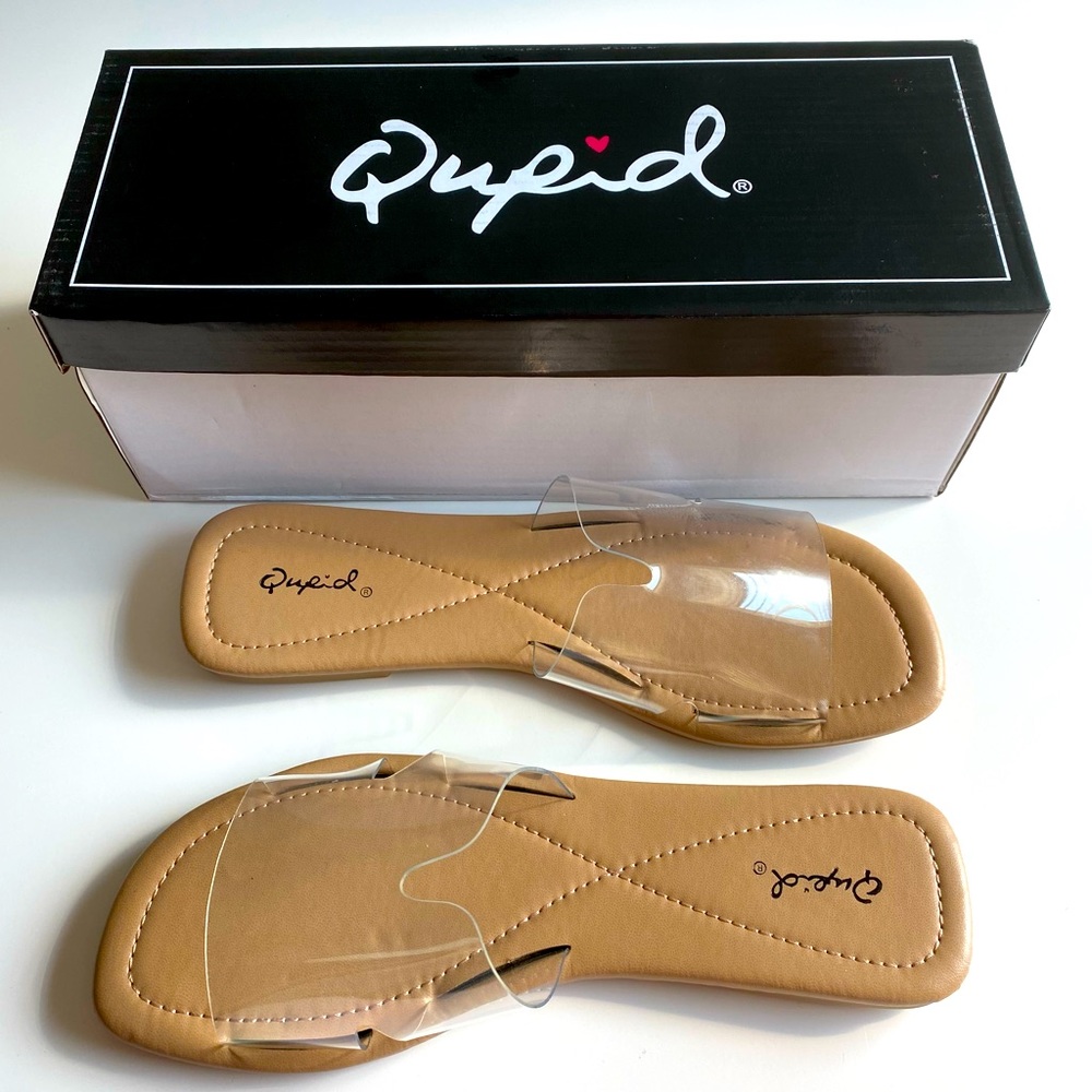Women’s Qupid Castel Clear Band Open Toe Slides Sandals Flats Nonskid Shoes 7, 8